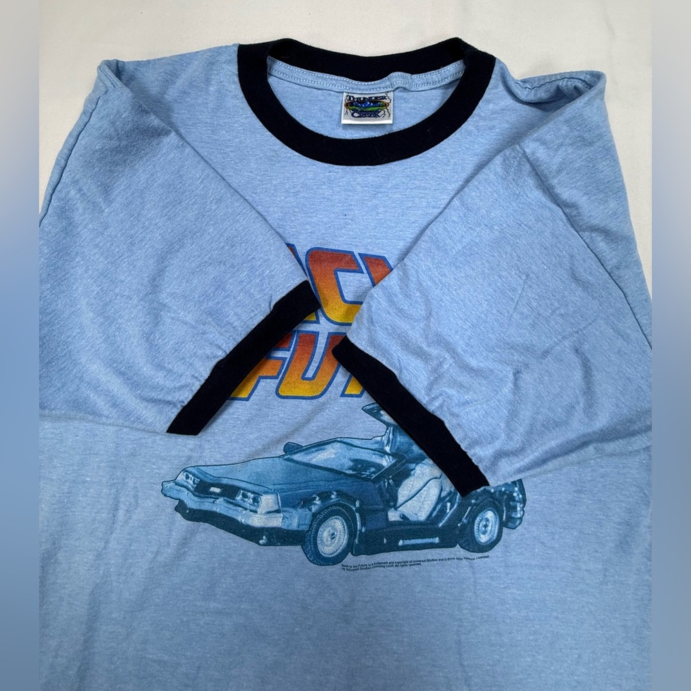 Back to the Future vintage Thunder Creek Light Blue Ringer Graphic Tee. NWOT - Picture 5 of 11